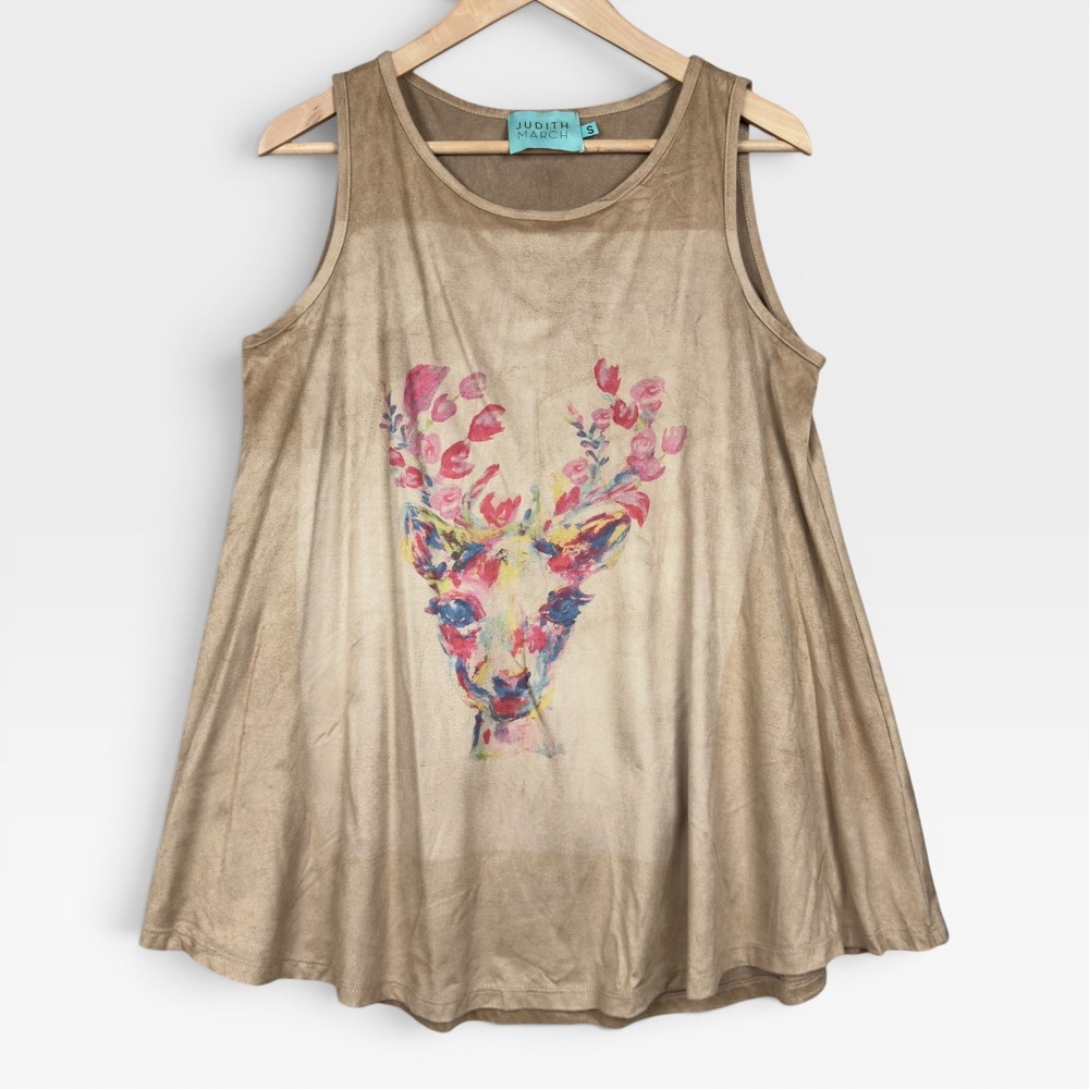 Judith March Faux Suede Swing Tank‎ Womens Small Tan Watercolor Deer Print  Boho